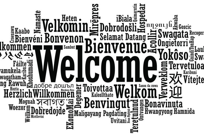 Das Wort Willkommen in den verschiedensten Sprachen grafisch dargestellt.