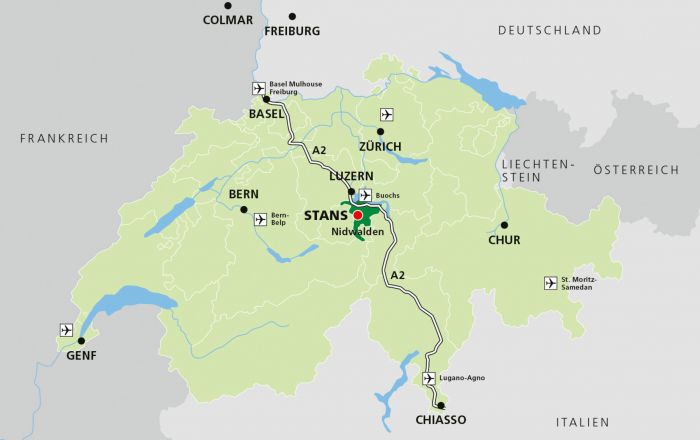 Schweizerkarte mit Kanton Nidwalden und eingezeichneter Nord-Süd-Achse
